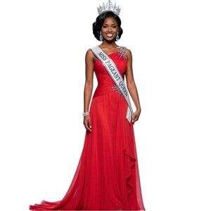 VTG Flowy Red Chiffon One Shoulder Rhinestone Prom Evening Gown XS Train